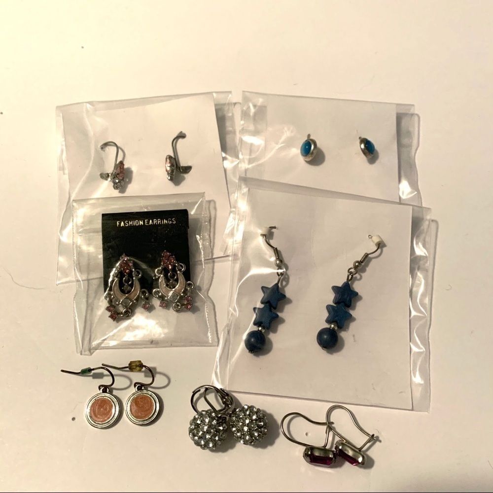 Earring Silver Dangle Variety Lot of 7 Stars, Balls, Pink, Teal, Blue